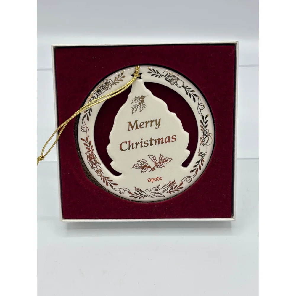 Vintage 1990s Spode Christmas Tree Ornament Ceramic Round Cutout Gold Trim Box